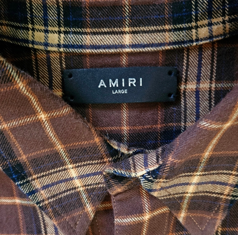 Amiri | Leather Logo Flannel Button Down Shirt | Brown | Mens | Size Large - Picture 3 of 16